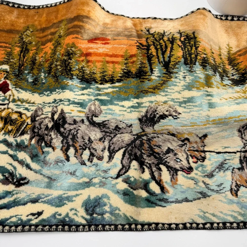 Vintage R.T. Co. Italy Dog Sled Wolf Team Plush Tapestry Wall Hanging 38x19